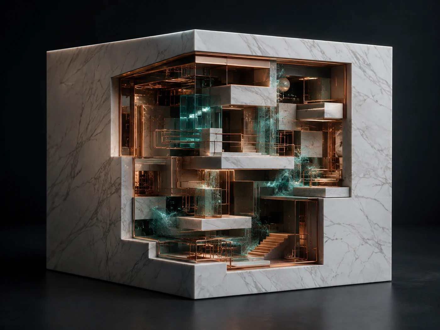 Copper and marble forms revealing connected layers within business data