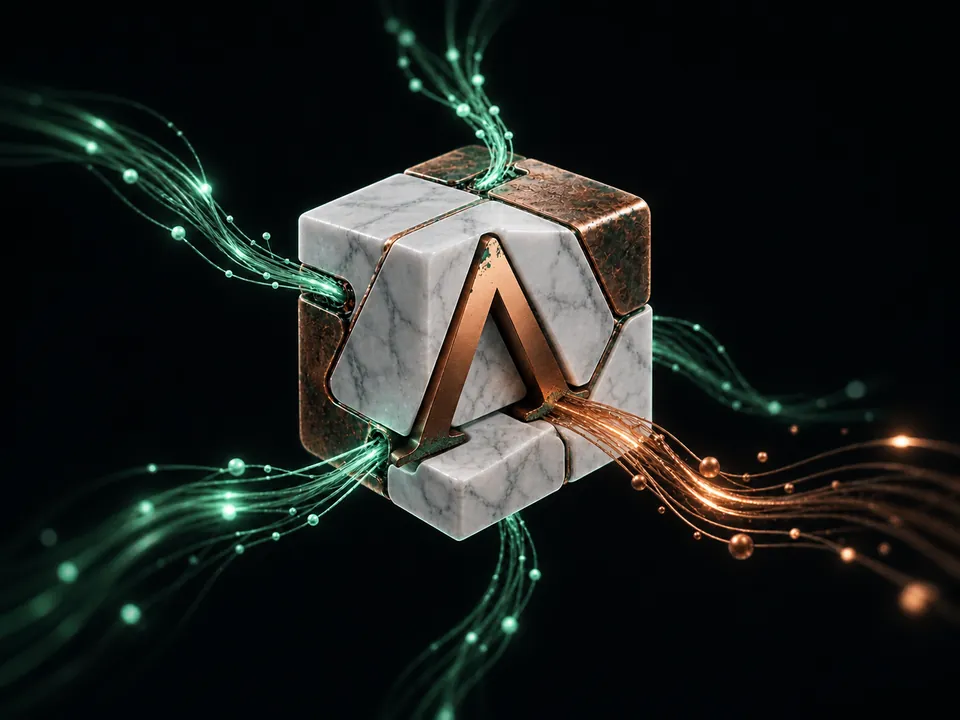 The Adaptiv Stratum copper mark engineered into a marble core as business signals converge into one controlled outcome