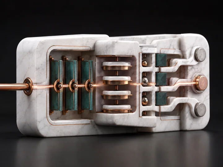 A marble operating system routing a copper signal through controlled teal gates