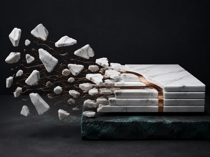 Disconnected marble forms becoming an organized copper and marble foundation