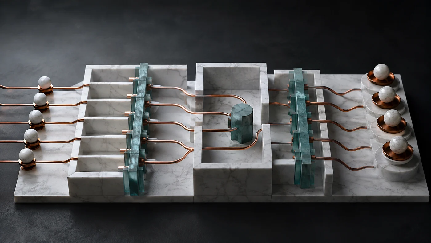 Separated copper information paths moving through controlled marble chambers to intended destinations