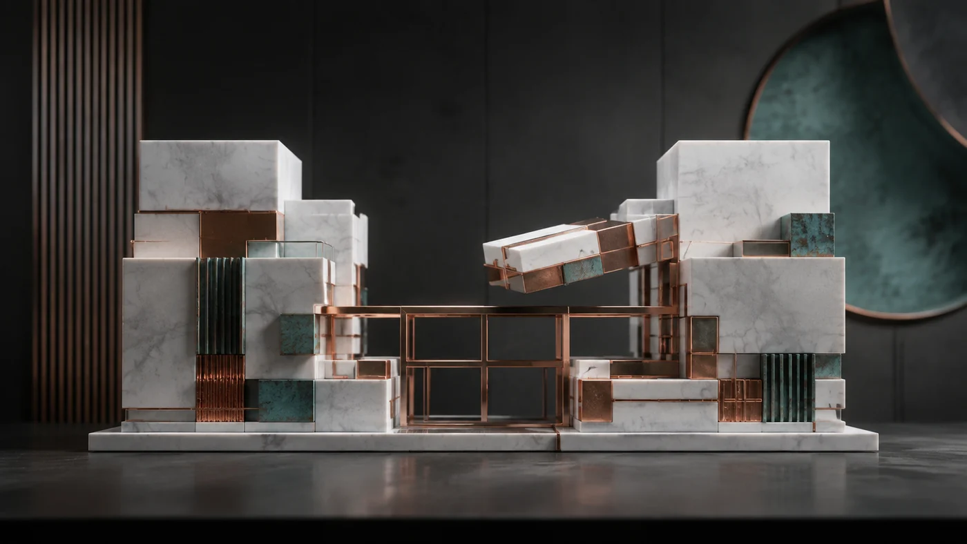 Marble structures joined by a defined copper framework with a component prepared for handover