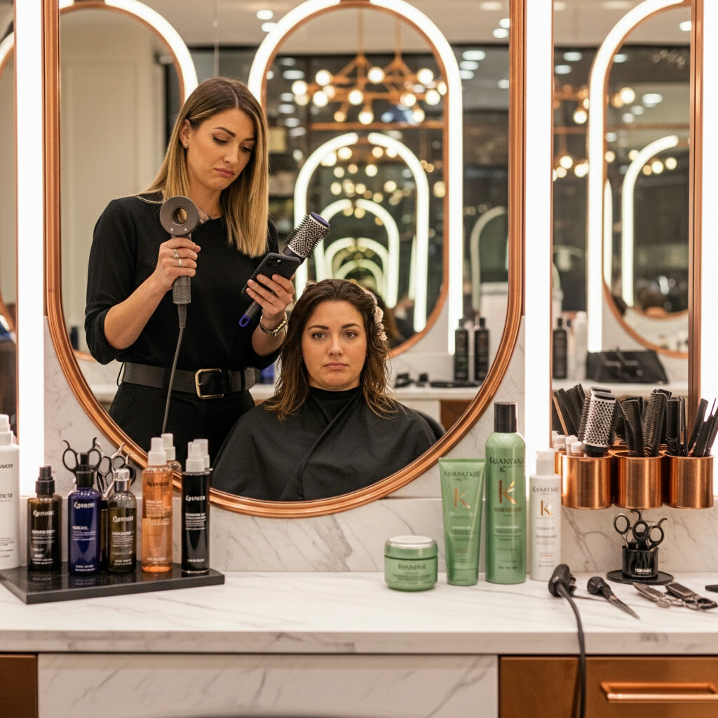 Salon professional focused on the client while phone demand is handled