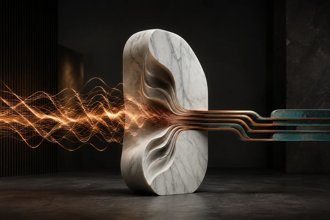 A copper conversation signal moving through a controlled marble workflow